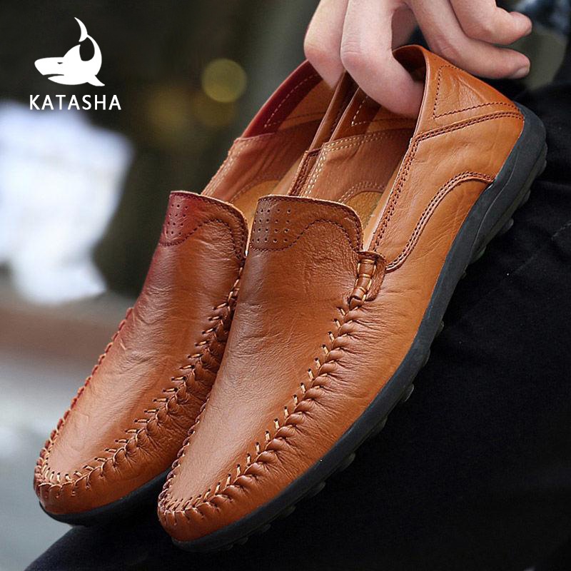 Trendy Men's Casual Shoes Soft Leather Slip On Brown Mens Business Loafers Light Walking Shoes Black