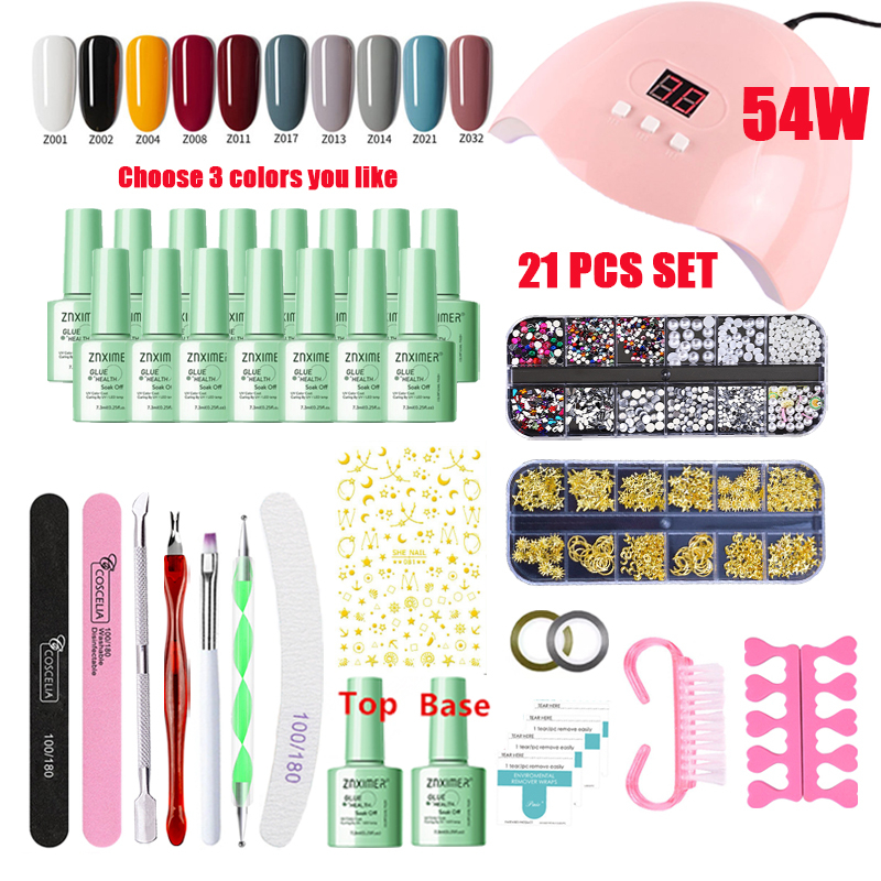 21Pcs/Set Gel Nail Polish Set 54W UV Nail Lamp Color Gel Nail Art Kit Tool Nail Care Base andTop