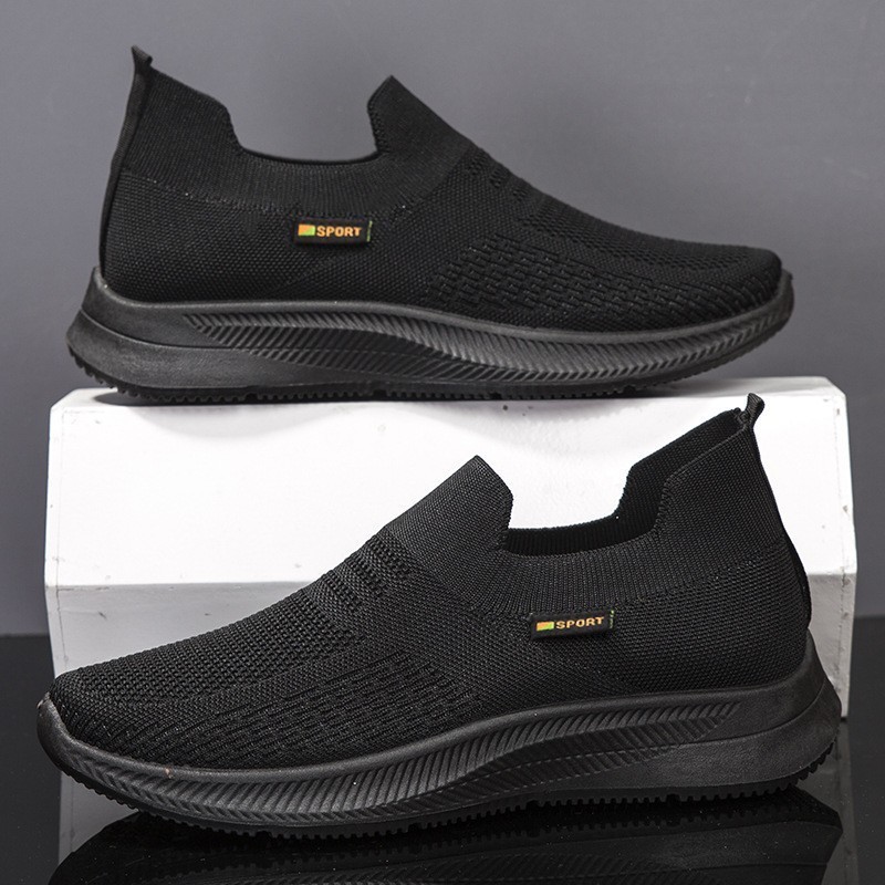 All Black Rubber Shoes For Men Korean Fashion Breathable Slip On Loafers Casual Sports Shoes For Men