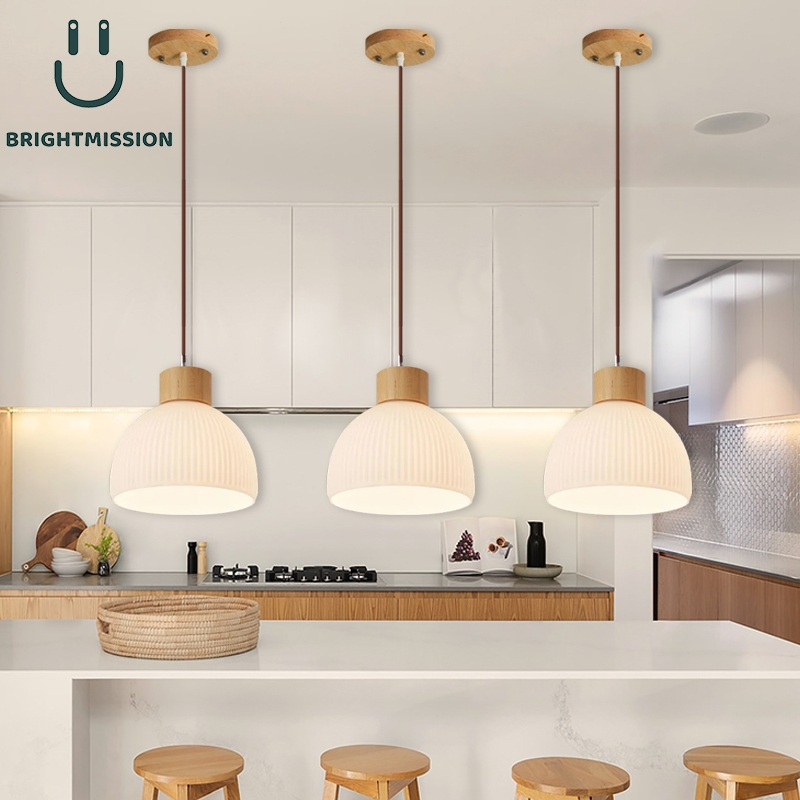 Pendant Light Nordic Modern Glass Lampshade Wood Ceiling Chandelier for Dining Room Kitchen Island