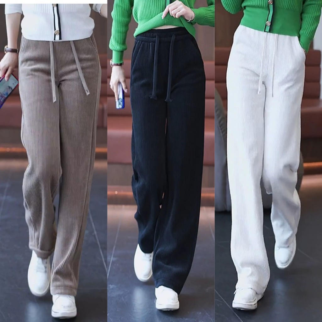 90's Retro Trend Korean Style Pleated-Corduroy Knit Wide Leg Trousers For Women's Casual Attire 3073