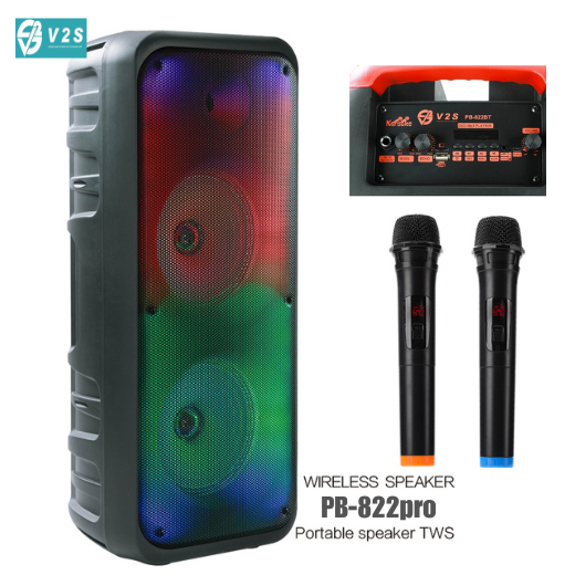 V2S PB822Pro Bluetooth Speaker W/ RGB Light Portable TWS Outdoor Speaker W/Dual Wireless Microphone