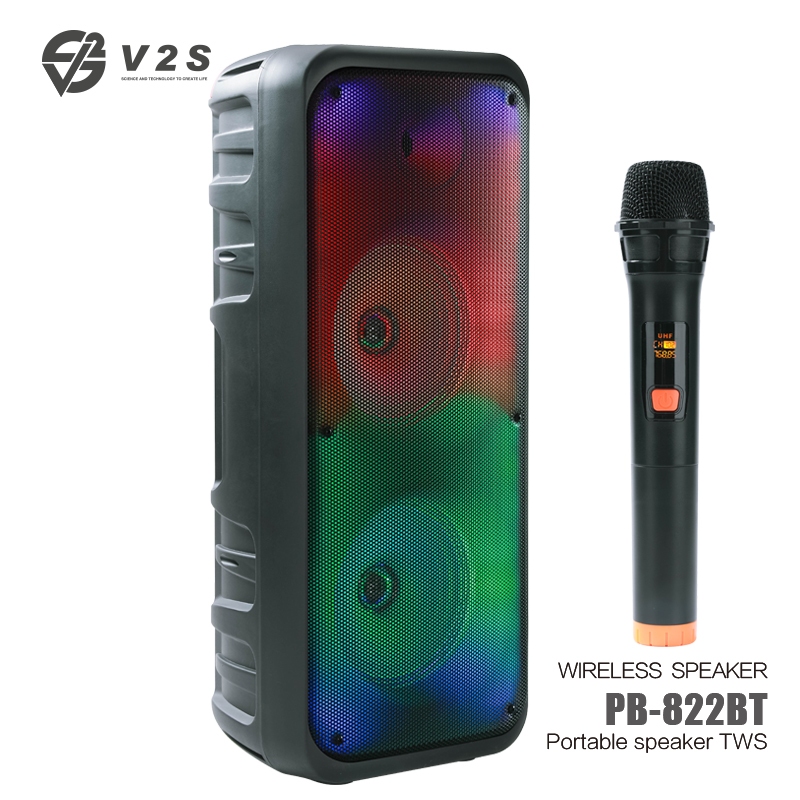 V2S PB-822BT Dual 8-inchx2 Wireless Bluetooth Speaker with flame lamp with wireless microphone