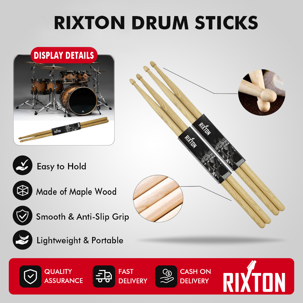 RIXTON 5A/7A Wood Drumsticks 1 Pair Professional Drum Sticks for Beginners Practice