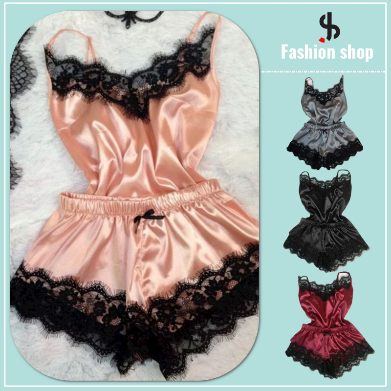 Sexy Lingerie Women Ice silkSleepwear Sleeveless Strap Nightwear Lace Trim Satin Cami Top Pajama Set