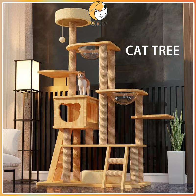 Large Cat Tree House Wood Cat Condo Space Capsule Bed Cat Climbing Tower with Scratching Posts