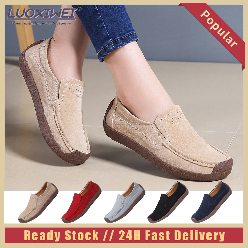 COD Women Shoes Loafer Suede Leather Slip Ons Moccasins Topsider Ladies Flat Shoes 35-44