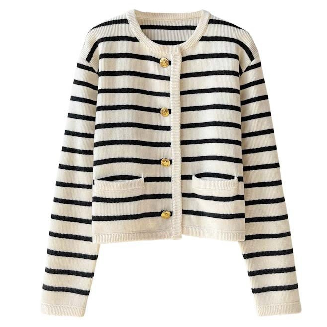 Stripe Coat Round Neck Knitted Cardigan Women Spring Autumn Loose Fitting Short Sweater HT