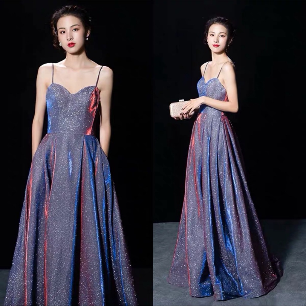 Star Sky Evening Dress New Purple Shiny Long Dress V-Neck Strap Evening Party Long Maxi Gown
