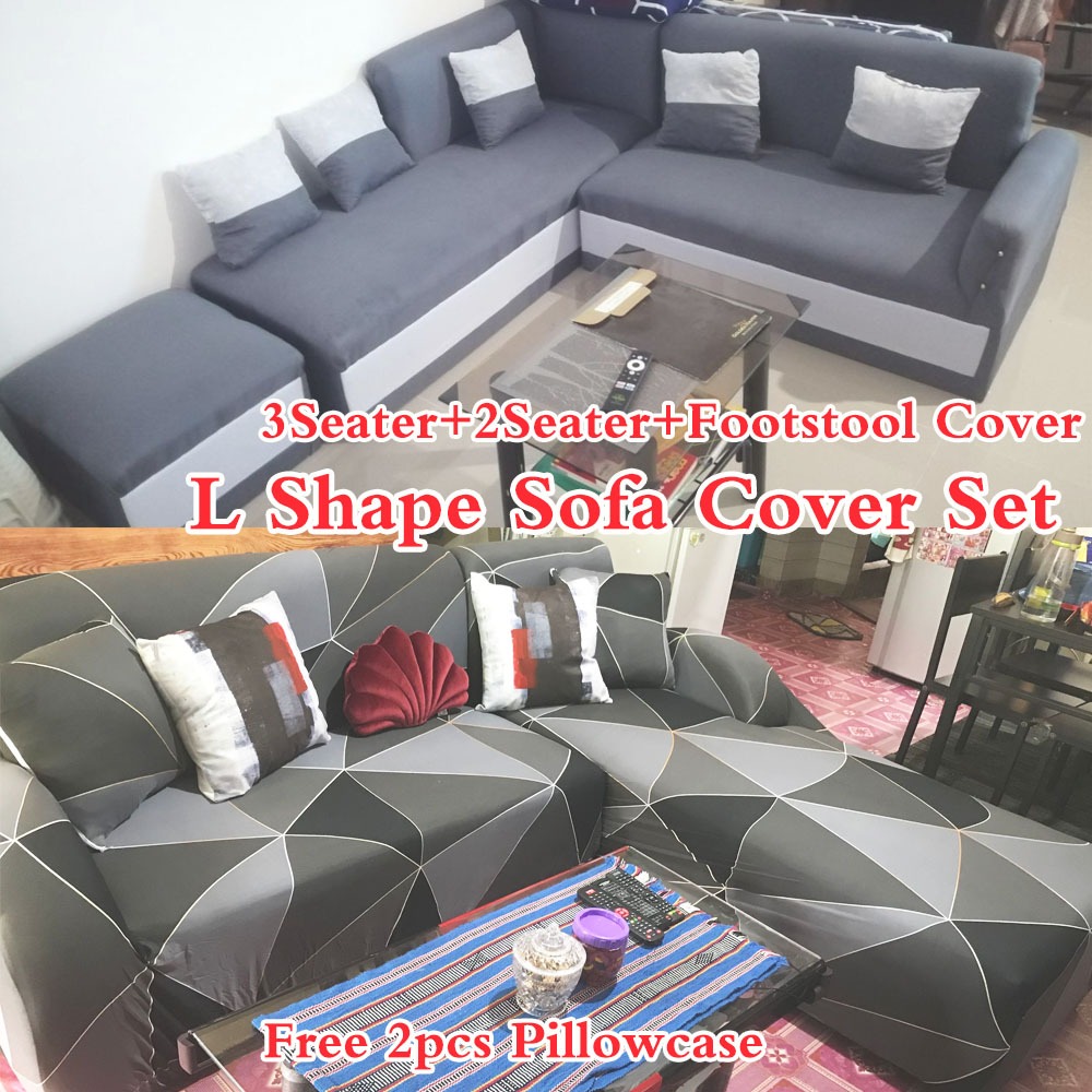 (3pcs）L Shape Sofa Cover with Footstool Cover 2Seater + 3Seater Sofa Cover Set Free 2pcs Pillowcase