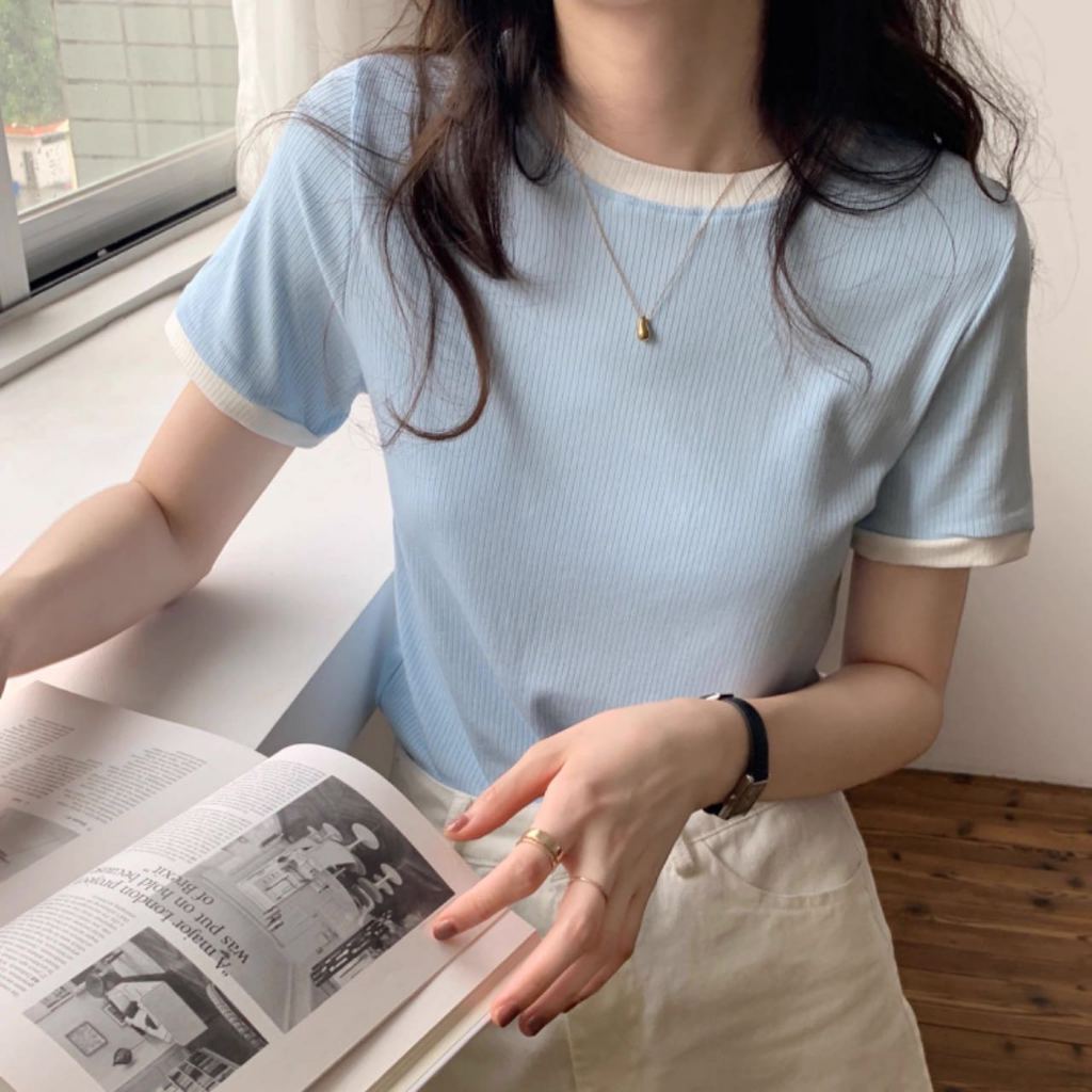 Buy 1 Take 1--Angelcity Contrast Binding Round Neck Tee Full Length T Shirt For Women Tops