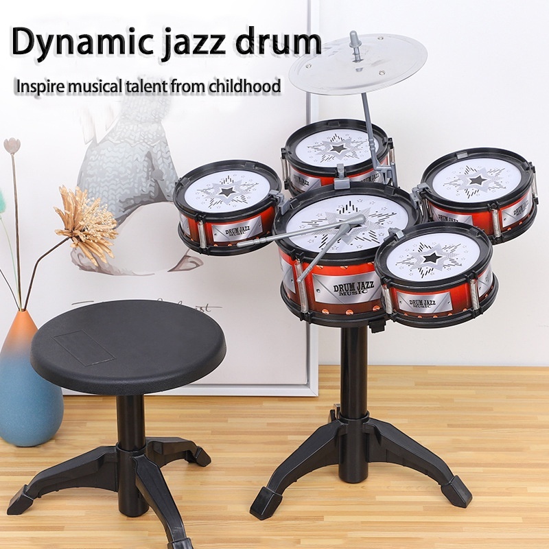Children Kids Jazz Drum Set Musical Educational Instrument Toy 5 Drums Small Stool for Boys Girls