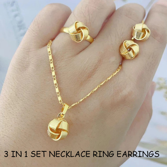 [3 IN 1 Set] Fashion Plated Stainless Steel Necklace Ring Earrings Accessories For Women With Box