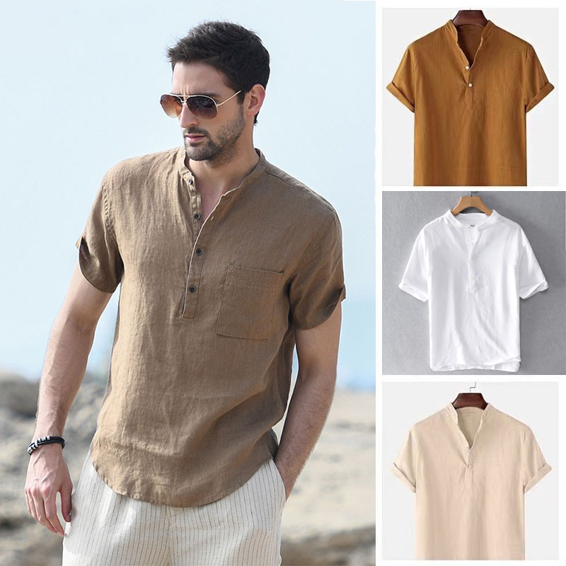 AS Half Button Short Sleeve polo shirt for men Casual Loose Cotton Chinese Collar Polo For Men 1037