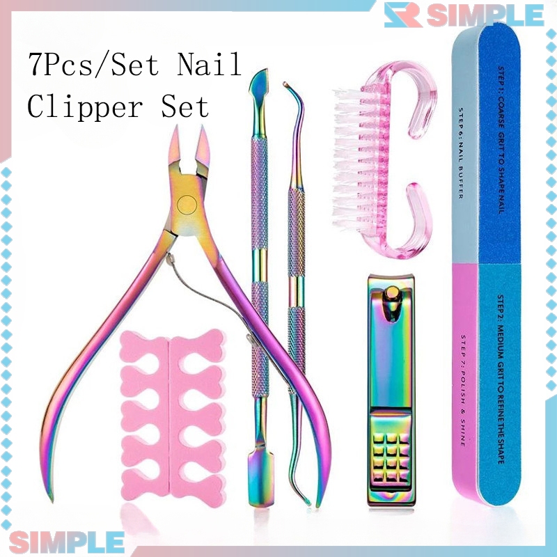 7 Pcs Manicure Kit Nail And Cuticle Tools Polishing File Toenail Separator Cleaning Brush Care Tool