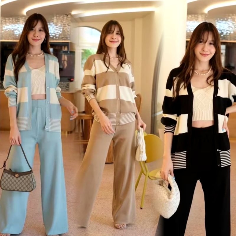 baao New Arrival Bkk Long Sleeve Striped Knit Blazer And Long Pants terno