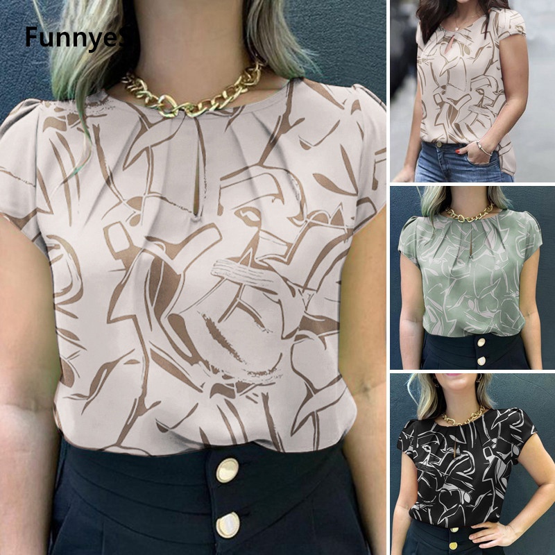 FunnyeS Women Vintage Daily Round Neck Pleated Short-Sleeved Printed Blouses 2211