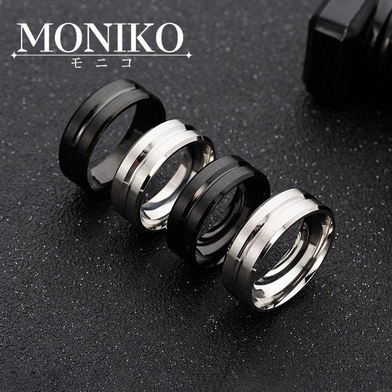 MONIKO Oiriginal Design 8mm wide center groove frosted men's stainless steel ring