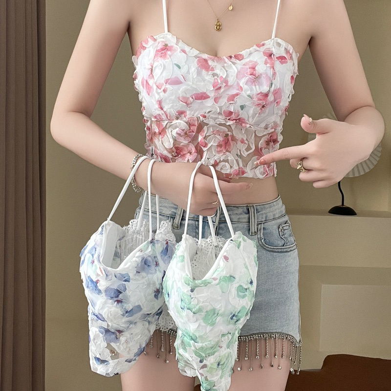 Korean Style Flower Crop Top Lace with Chest pads Women’s sleeveless