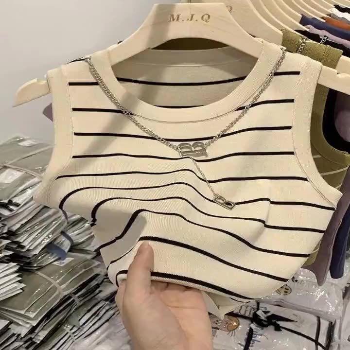 Top for Women Casual Striped Basic Sleeveless Round Neck Tank