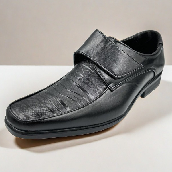 9099-31 | 5055-16 Mens Black Leather Shoes Non-Slip Sole and Velcro Strap for School Office Formal