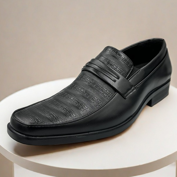 9099-32 Mens Black Slip-On Leather Shoes with Heels for School Office Formal Wear