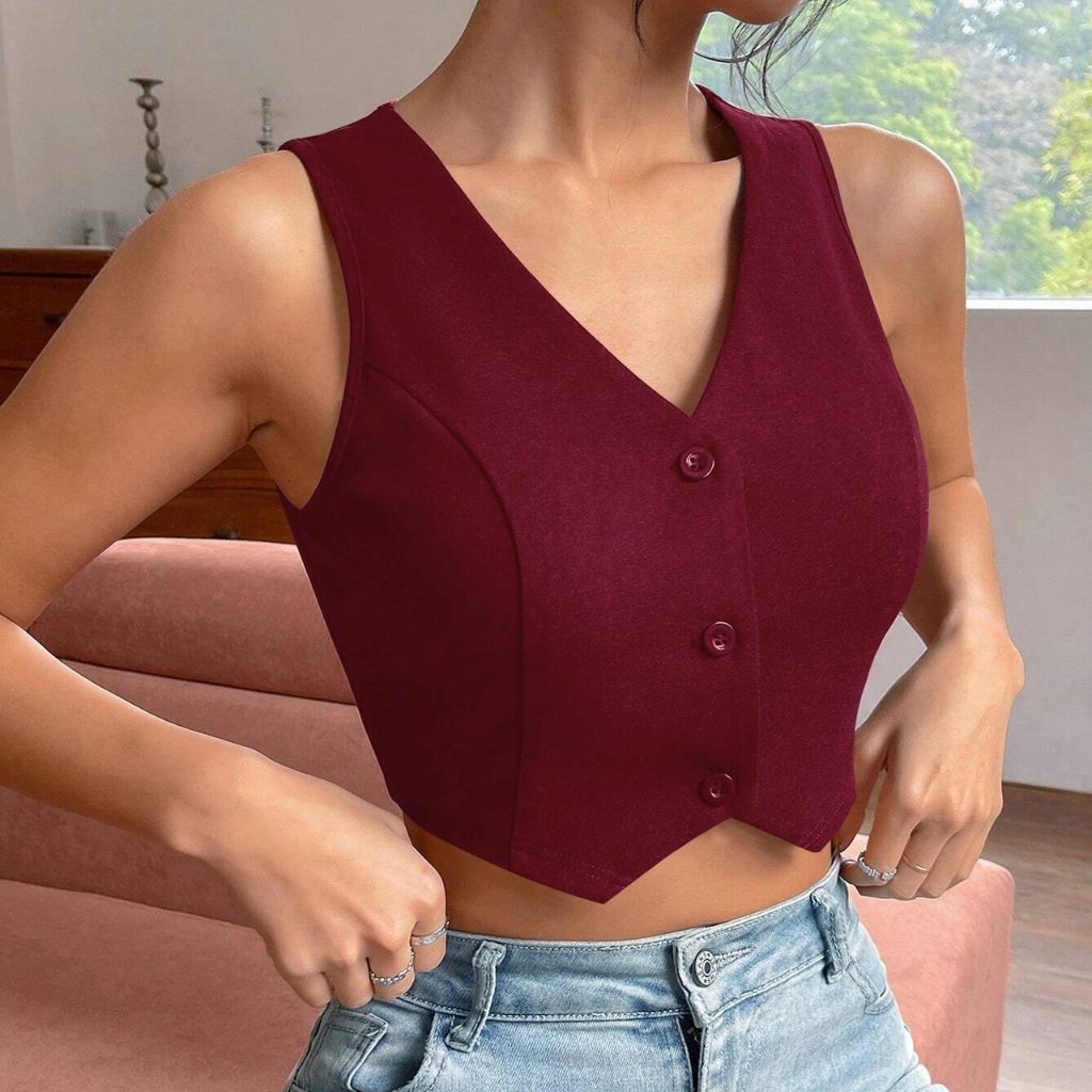 Summer V-neck Sleeveless Shirt Belly Button Exposed Top Waistcoat Solid Color Crop Top