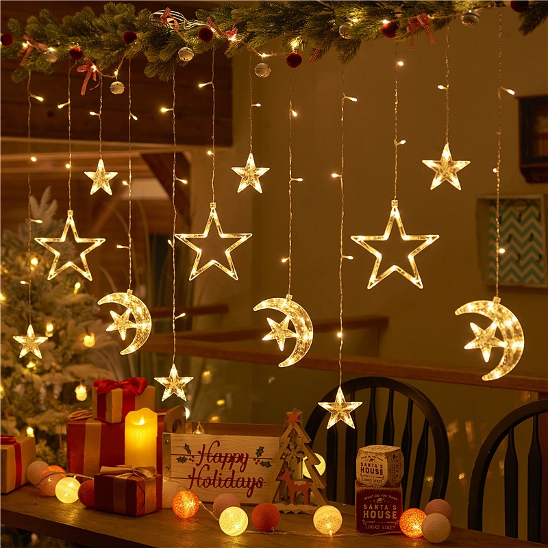 4M 138 LED Moon Star Curtain Fairy Lights for Christmas, Eid, Home, Outdoor, Indoor, New Year Decor