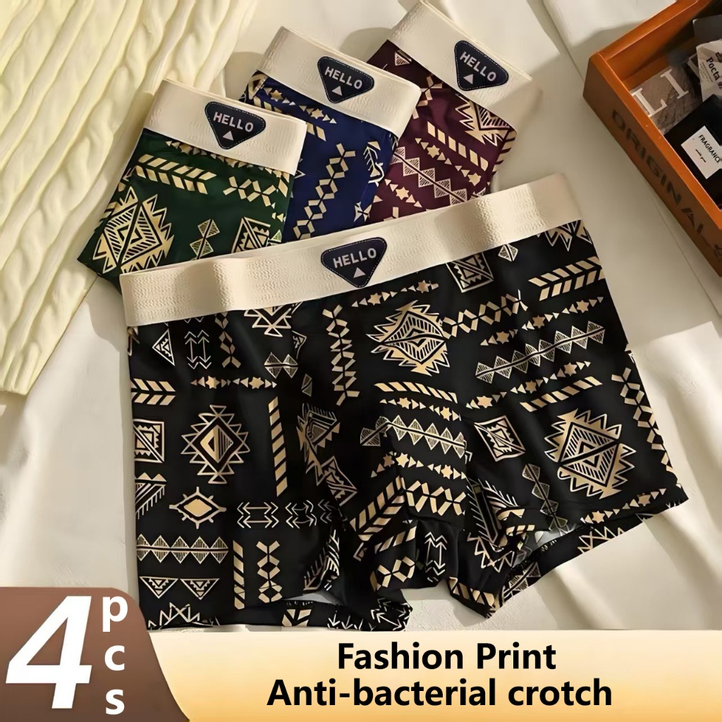 4PCS Boxer Shorts For Men Vintage Loose Fitting Boxer Shorts Breathable High Stretch Underwear