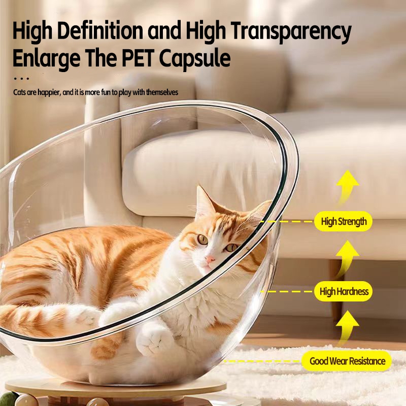 2-in-1 Space Capsule Cat Nest Full Transparency Semi-enclosed Acrylic Cat Bed with Catnip Ball Toy