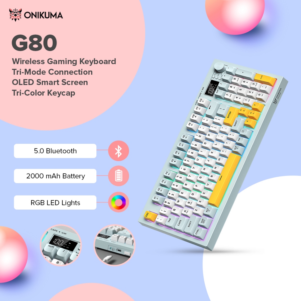 ONIKUMA G80 Membrane Gaming Keyboard RGB 2.4G Bluetooth 94Keys Tri-Mode Wireless/Wired PC Laptop
