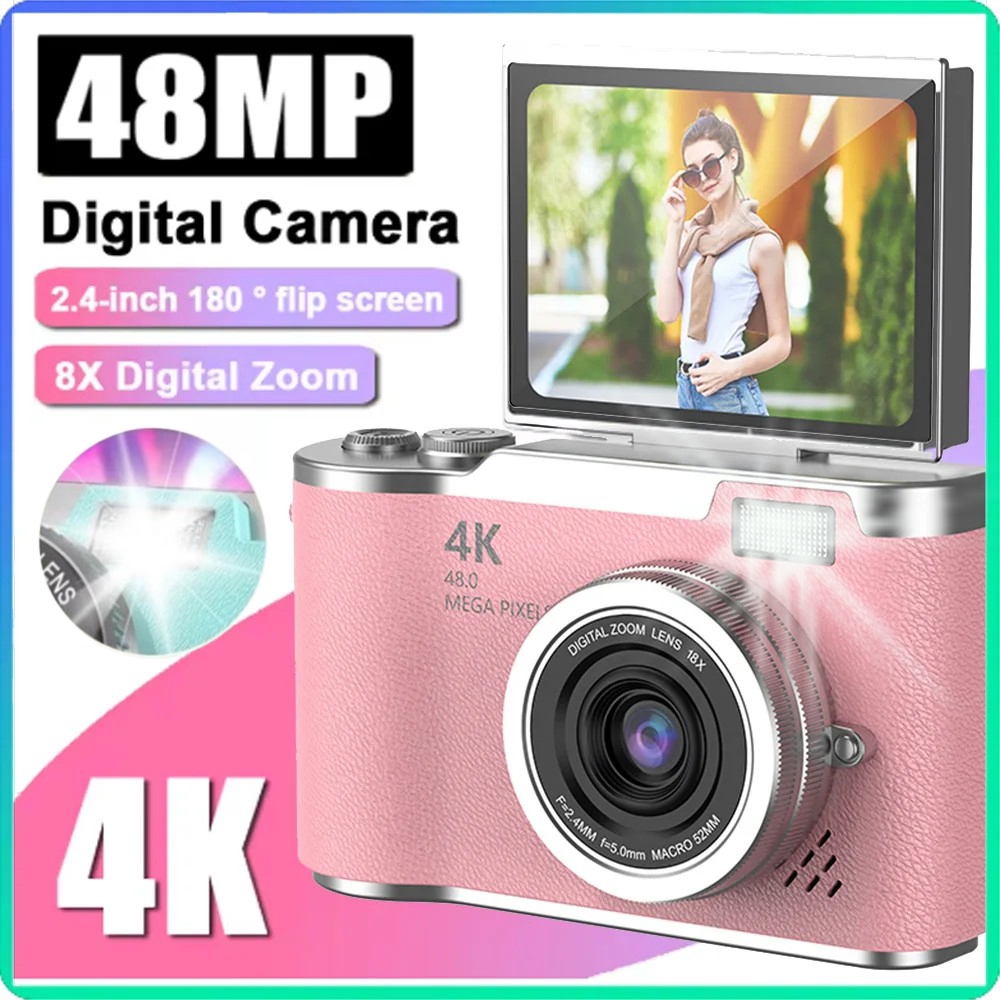 4K Digital Camera For Photography Vlogging 48MP HD Retro Digicam 8X Zoom 180° Flip Screen Camera