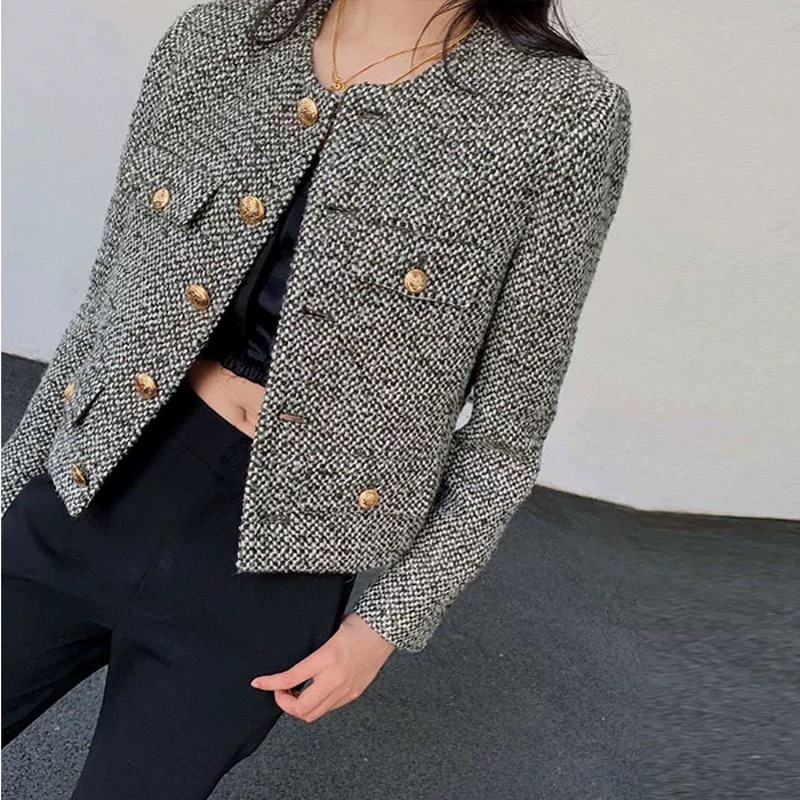 black tweed blazer for woman fitted cardigan jacket for women korean style formal jacket for office
