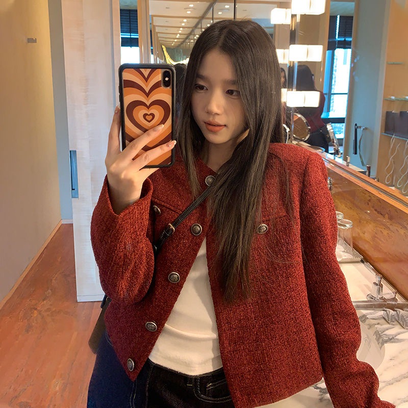 red tweed blazer plus size croptop jacket for women korean style fitted office cardigan jacket woman