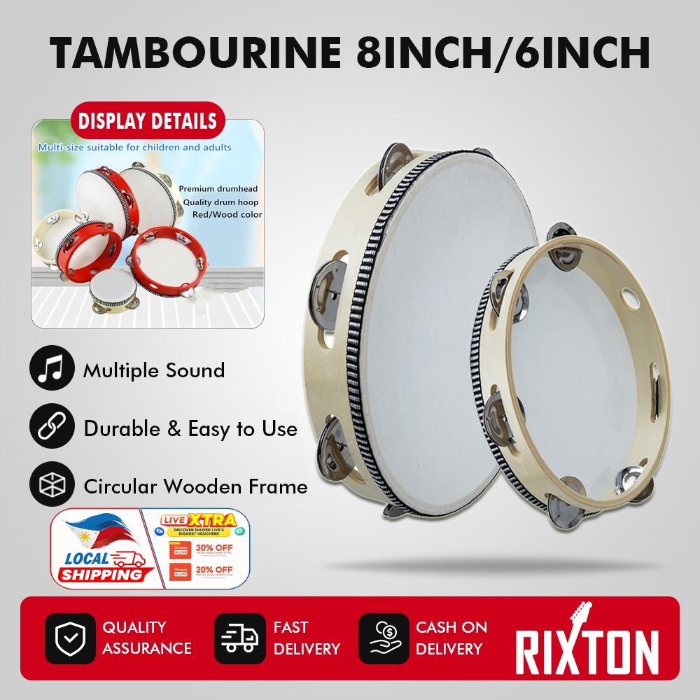 RIXTON 8inch/6inch Tambourine Drum Musical Tambourine Round Percussion for KTV Party Dance Party
