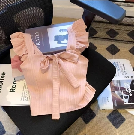 Ruffle Edge Tank Top Solid Color Bow Knot Tank Top Gentle French Style Sleeveless Top GA