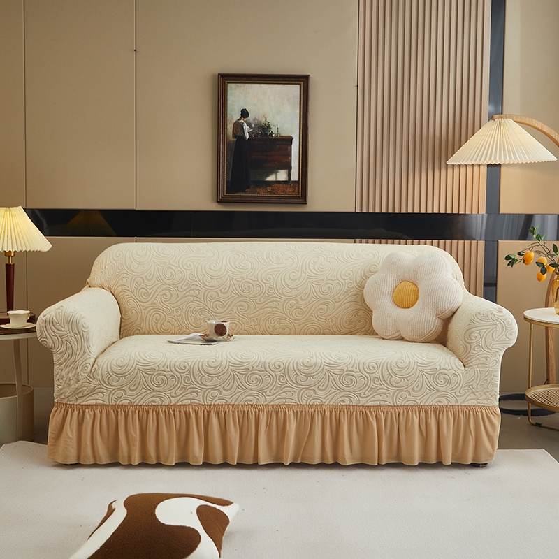 Elastic Skirt Sofa Cover 1/2/3/4 Seat SK-FLW Water Ripple Embossed Pattern Sofa Protector Cover