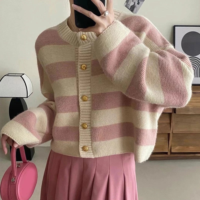 Women Casual Cardigans Striped Button Front Cardigans 4079