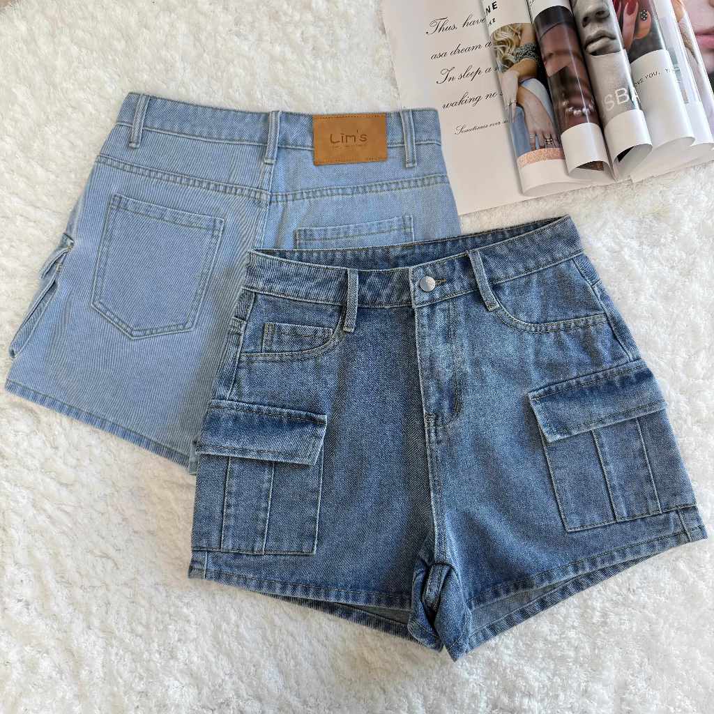 6-Pocket cargo denim shorts | High waist vintage blue shorts | Loose fit Y2K women's street style de