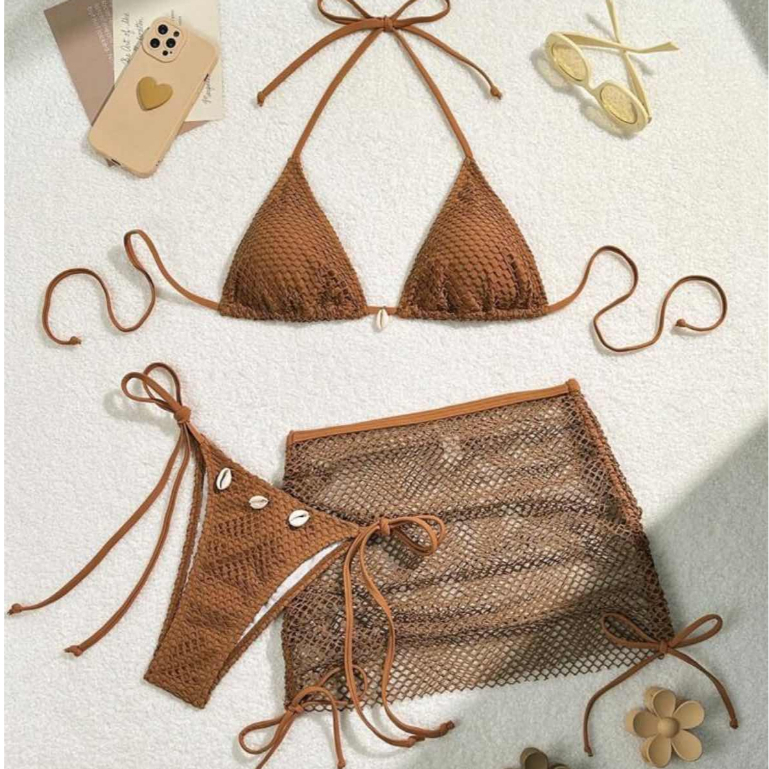 3 in 1 Two Piece Net Bikini with Cover up Skirt Shell Swimwear Women Swimsuits Beachwear