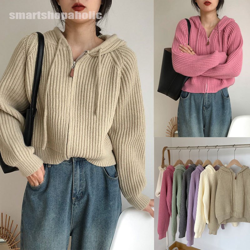 【LOCAL STOCK】Korean Hooded Short Sweater Cardigan Loose Solid Color V-neck Knitted Jacket Casual