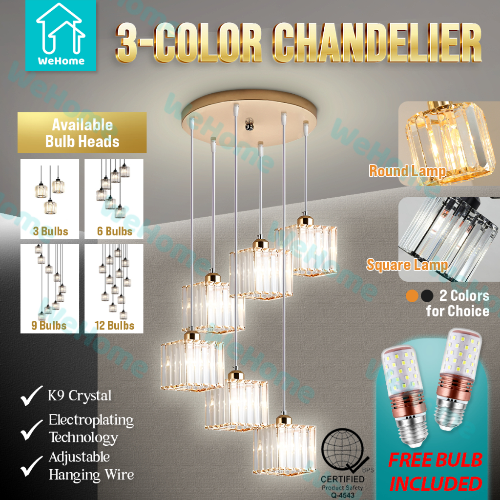 WeHome Led Crystal Chandelier Modern Pendant Lamp Tri color Ceiling light for Living and Dining Room