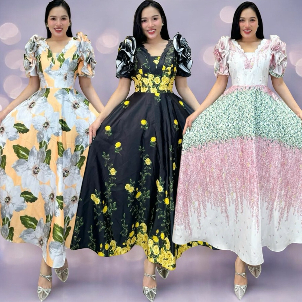 Women’s New Fashions Flower Sleeves Tafta/Brocade Vietnam Non-Padded with V-Neck Casual Maxi Dress