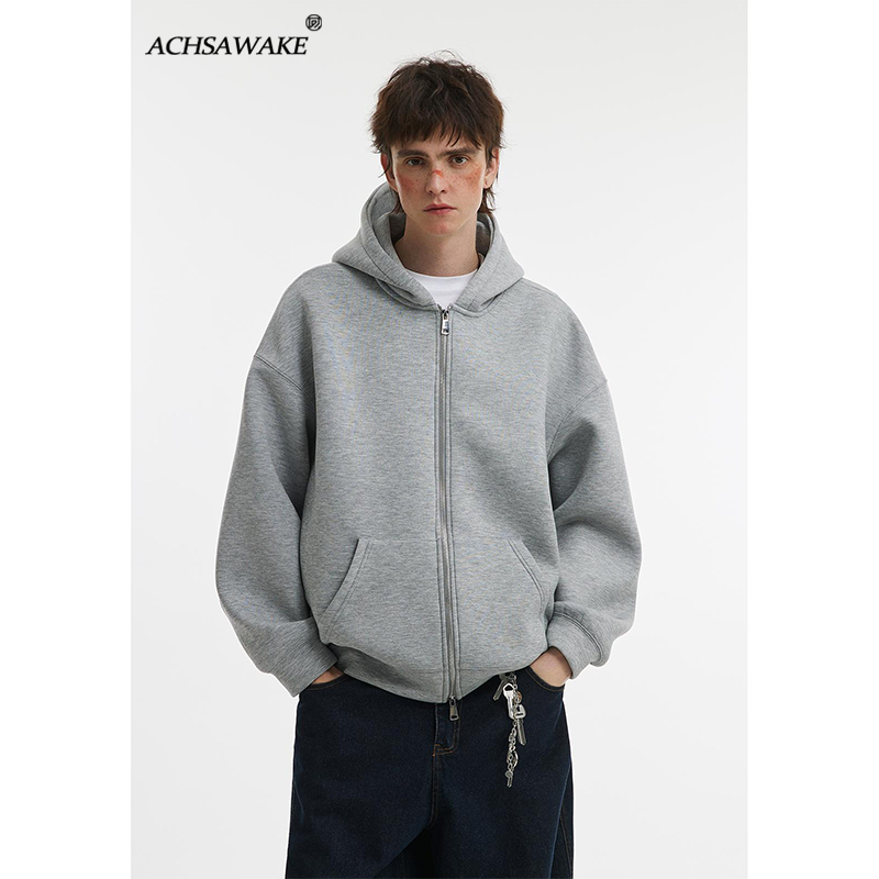 ACHSAWAKE Man's Coat Pullover Double-Headed Zipper Long Sleeve Hoodie Jacket Men Baggy Fashionable