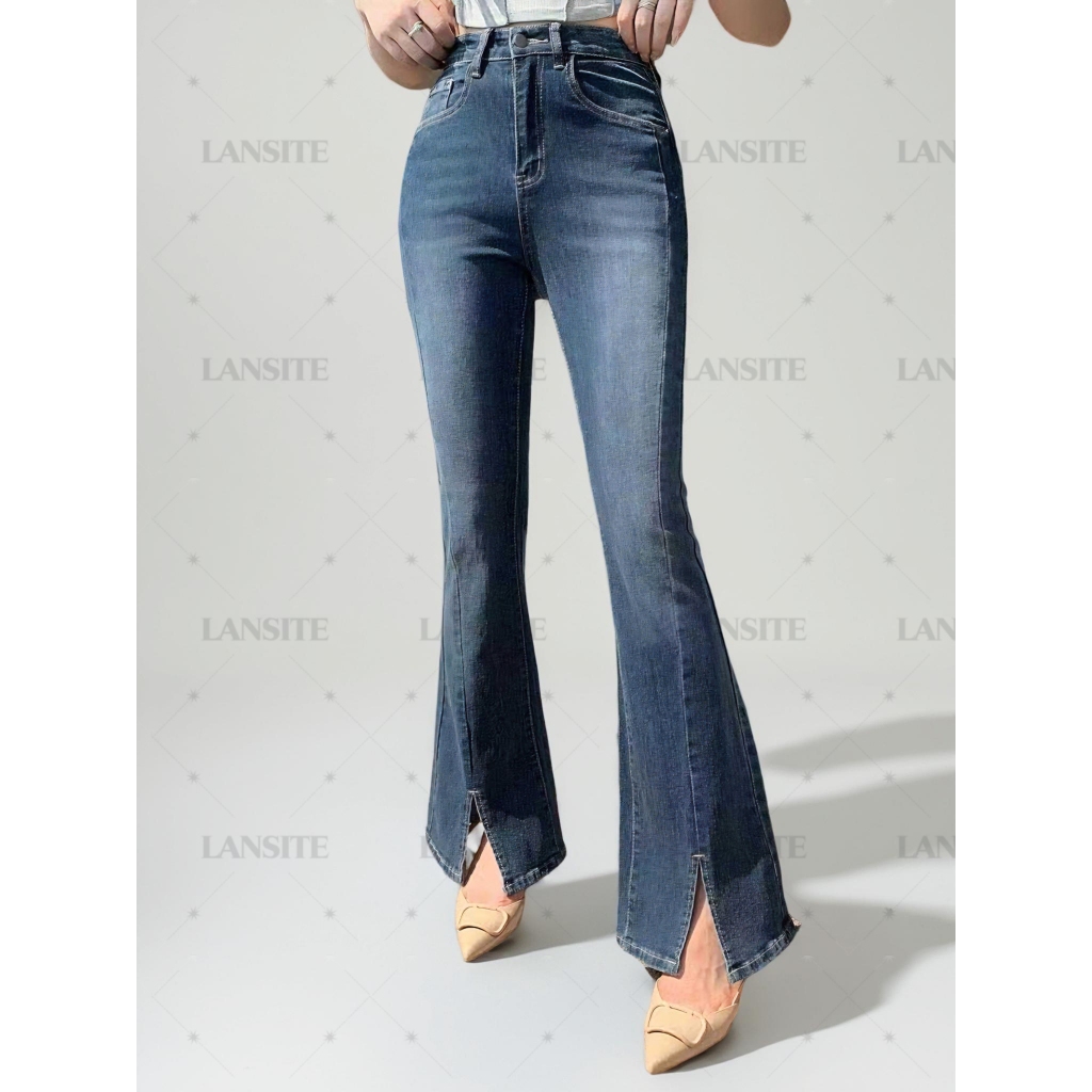 Lansite Solid Color Split Flare Leg Elegant Jeans for Women High Waist Fashionable Denim Pants