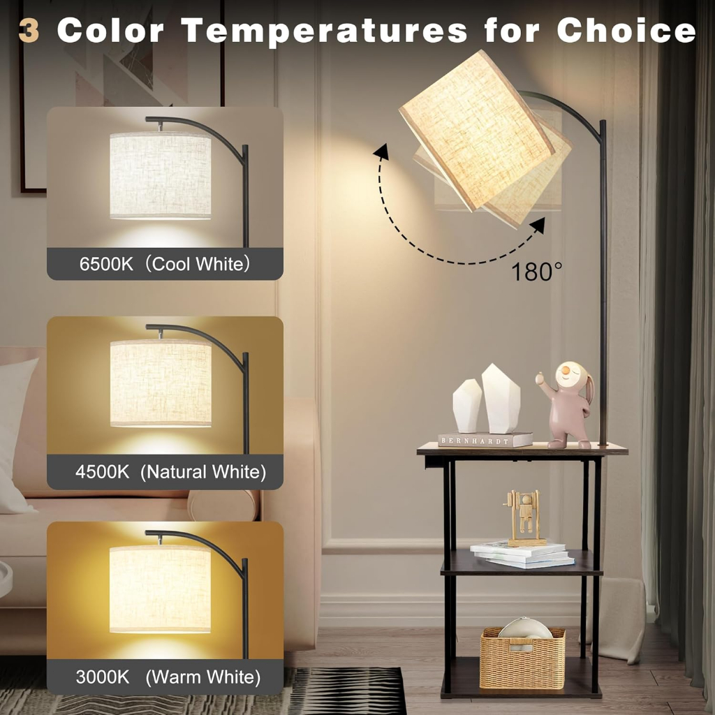 Floor Lamp with Table, End Tables with Charging Station(USB & Type-C &AC), 3 Color Temperature