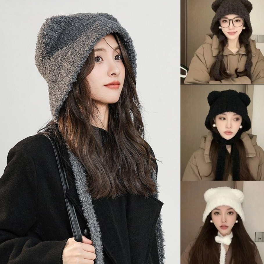Knitted Cap Japanese Niche Y2K Ear Protection Hat Cute Long Strap Autumn Winter Warm Beanie Hat