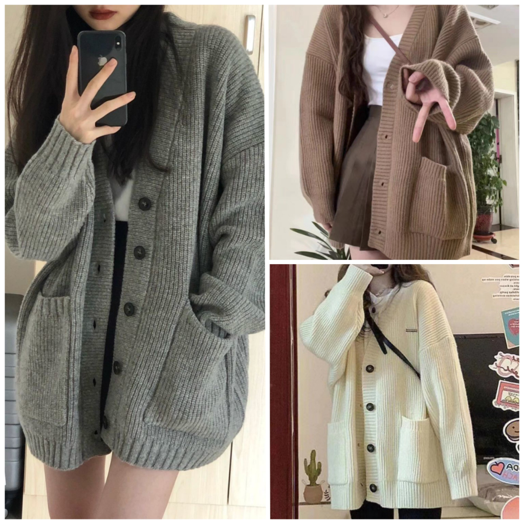 Korean casual Loose knitted sweater long sleeve V-neck plain color cardigan for woman Autumn L4061