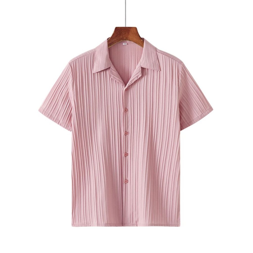 TOPSHION 2031# High-end Cuban V collar Korean version short-sleeved shirt for men in summer,