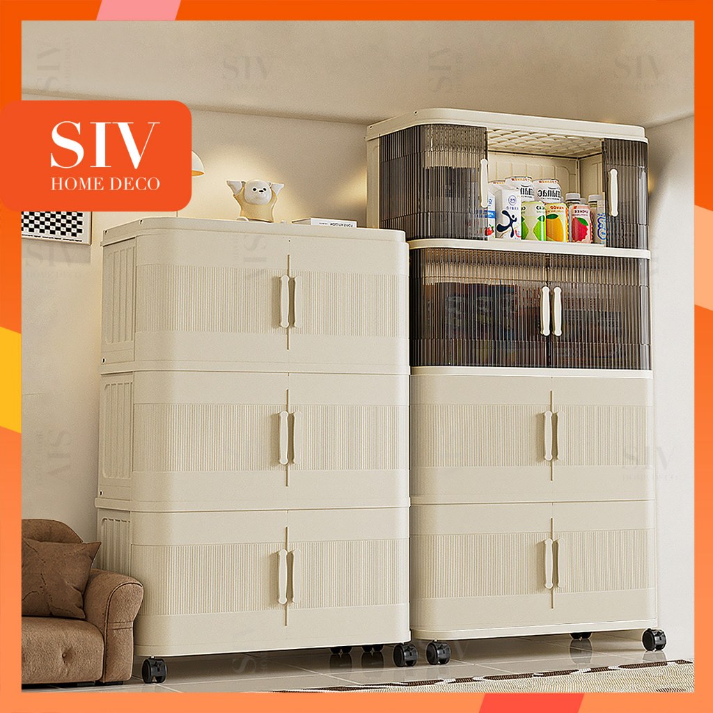 SIV Foldable Plastic Storage Cabinet With Sliding Doors Storage Box Organizer For Clothes Toys